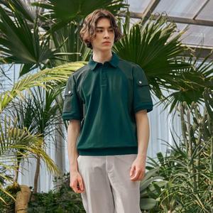 [챌린저](마산점) PQ 우븐믹스 남성 블루종 카라 반팔티셔츠 다크그린