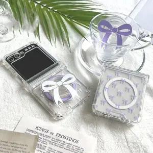 갤럭시 Z플립 4 5 6 7 코지 리본 패턴 힌지가드 클리어 맥세이프 케이스+그립 톡홀더