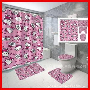 4개 세트 헬로키티 샤워 커튼 귀여운 애니메이션 프린트 화장실 커버 U자형 패드 장식용 선물 도매