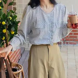 체크 라운드넥 긴팔 블라우스 프릴 퍼프 여성 빅사이즈