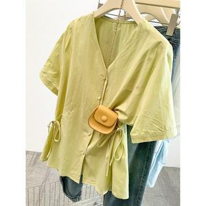 부엉구구 OW0252A 여성 여름 캐주얼 루즈핏 빅사이즈 브이넥 반팔 셔츠 블라우스