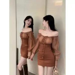 스커트 망사 빈티지 숄더 긴팔 여자미니스커트 일자 동남아 랩 ible1