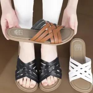 [신상오픈런]여성 무지컬러 크로스 스트랩 로우힐 샌들 슬리퍼 (36232556)