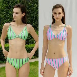 [하프클럽/엘르 수영복]엘르 자수 스트라이프 비키니 세트 ELL-Y202