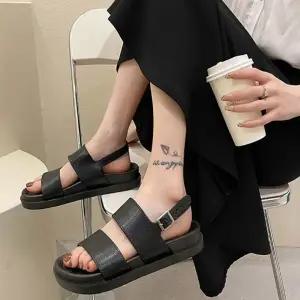 여성 착화감 샌들 스트랩 플랫 여름 편안한 레더 두줄