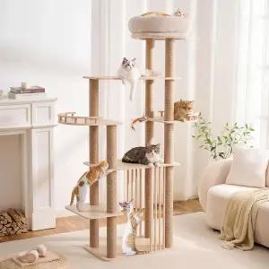 미오미도기 68인치 대형 고양이 나무 긁는 기둥이 있는 견고한 목재 다단계 타워 재미있는 장난감 실내