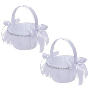 웨딩 플라워 걸 바구니, 손잡이와 활이 달린 새틴 보관 바구니 2개, 걸, 결혼식, 파티에 딱 맞는 흰색