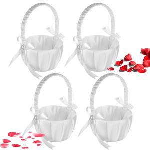 결혼식용 4PCS 플라워 걸 바구니, 화이트 새틴 보크노트 바구니 진주 컬렉션, 걸용 웨딩