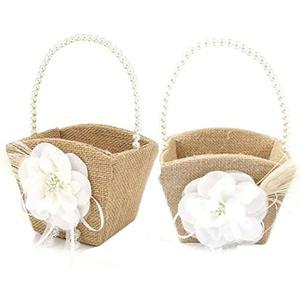 버랩 웨딩 플라워 걸 바스켓 빈티지 황마 장미 소박한 레이스 새틴 파티 장식 (플라워-2pcs)