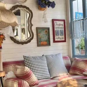 레트로 체크소파 싱글100cm붉은격자무늬 패브릭