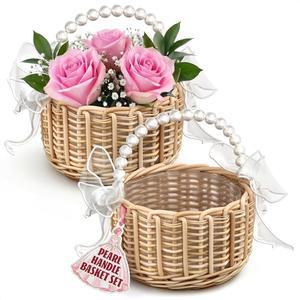 작은 꽃 소녀 바구니 2종 세트 - 결혼식 꽃, 과자, 선물 및 홈 데코를 위한 진주, 활, 방수 안감이 있는 부활절 위커 가볍고 다기능적입니다