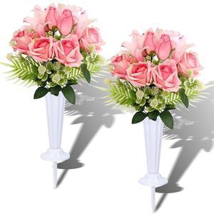 IDMOP 꽃병이 기념 실크 인공 백합 야외 꽃 방지 장미 묘지 변색 및 내후성(핑크) 부케 현실적인 장식용 2개 있는 세트