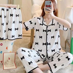 쉬블림로브 3피스(반팔+반바지+긴바지) 여성 홈웨어 리본 패턴 잠옷 세트 GGWD0486