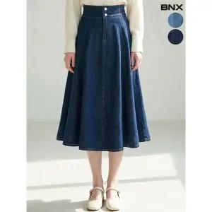 [하프클럽/]여성 데님 투버튼 A라인 플레어 롱 스커트