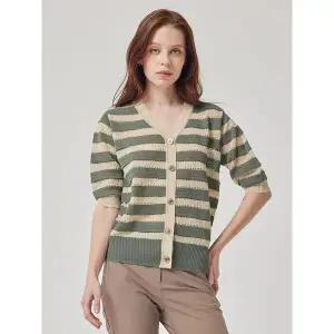 [하프클럽/올리비아하슬러]카키 스트라이프 아크릴 가디건 OHCMSW701