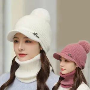 여성 겨울 털 방울 캡 니트 모자 골지 워머 세트