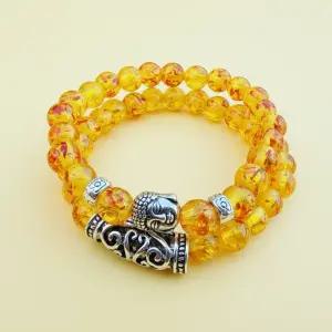 불교 공작석 호박색 부처님 커플 팔찌 세트 8mm 염주 행운 재물운 2개입