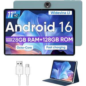 WXUNJA 안드로이드 16 태블릿, 옥타 코어 프로세서가 탑재된 11인치 28GB RAM 128GB ROM 1TB 확장, 와이드바인 L1, 8000mAh 배터리, 2.4/5GHz 듀얼 WiFi /GPS /FM, 5/8MP 카메라, 케이스 포함, 블루