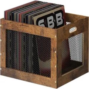 YAHKBTEN 빈티지 비닐 레코드 보관 케이스 나무 홀더 책 잡지 러스틱 브라운 손잡이 앨범 보관함 포함