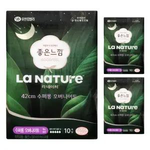좋은느낌 라네이처 수퍼롱 오버나이트 맥시슬림 날개형 생리대 42cm 10개입 3팩