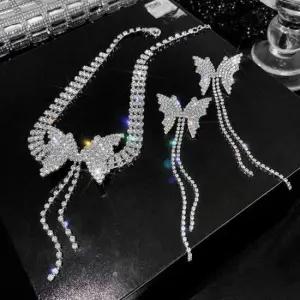 [패션] 버터플라이 목걸이 귀걸이 세트 다이아몬드 실목걸이 쇄골 체인 넥 목줄 스트랩