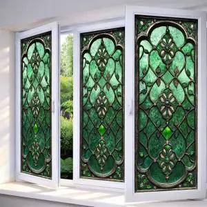 IVN 스테인드글라스 윈도우 필름 17.7x39.3인치 플로럴 그린 프라이버시 스테인드 데칼 홈 오피스 도어