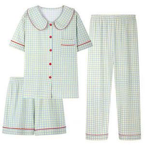 쉬블림로브 3피스(반팔+반바지+긴바지) 여성 체크 패턴 홈웨어 파자마 잠옷 세트 GGWD0216