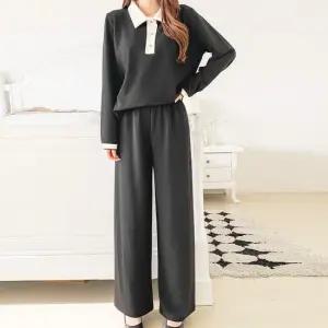 110 빅사이즈 투피스세트 카라티셔츠 와이드팬츠 봄신상 40대여성의류 미시옷 2종