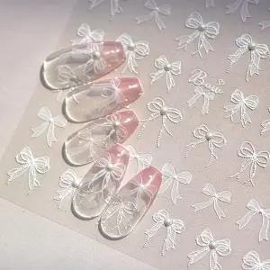 5D 엠보싱 화이트 레이스 보우노트 네일 아트 스티커 용품용 진주 보우 레트로 릴리프 리본 액세서리
