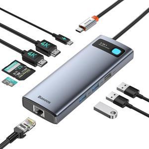 베이스어스 노트북 도킹 스테이션 듀얼 모니터 4K@120Hz 9 in 1 USB C 허브 HDMI 2개 1000Mbps LAN 최대 85W PD 3개 SD 카드 리더 15 /Mac /Dell / Surface Steam 데크와 호환 도크