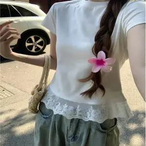 밑단 반팔티 티셔츠 레이스 여름 슬림핏 화이트 여성