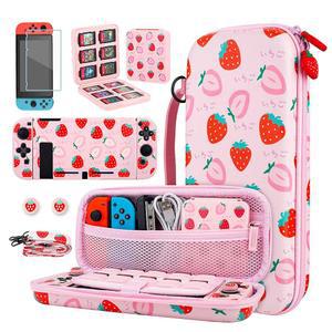 닌텐도 스위치 액세서리용 GLDRAM 핑크 분홍색 딸기 휴대용 케이스 번들 부드러운 TPU 커버가 있는 귀여운 여행용 키트 게임 유리 스크린 프로텍터 엄지 그립캡 여아용 어깨 스트랩