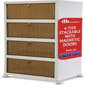 퀵 박스 스포츠 4단 스태커블 수납 정리함 - 자석 문이 있는 24갤런 용량의 접이식 수납함 침실 옷장