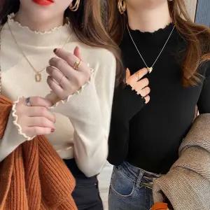 맵시난다 여성 터틀넥 슬림핏 잔골지 기본템 프릴 반폴라 반목 폴라티