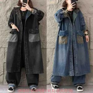 여자 야구 점퍼 데님 코트 가을 빈티지 후드 빅사이즈 하프 트렌치 원픽3