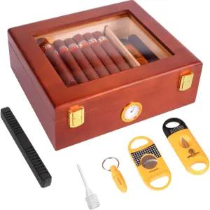 데스크톱 시가 상자 습도계가 있는 유리탑 커터와 펀치가 스페인 시더 나무 상자에 20~30개의 시가를 담을