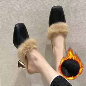 여자 2색 뮬 털 겨울 펌프스 퍼 구두 사각코 스퀘어힐