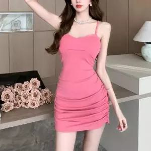 비욘드라이프J CRD 끈 셔링 서스펜더 핑크 미니원피스