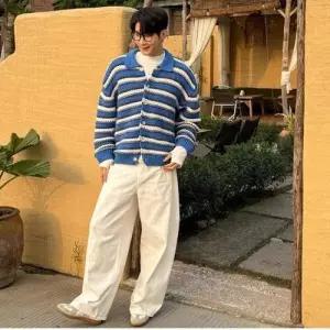 남성용 니트 가을 상의 터틀넥 스웨터 칼라넥 스트라이프 남백 카디건 원픽3