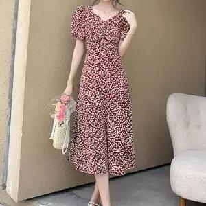 [퍼니메이커]앵두 패턴 여성 A라인 여름 반팔 롱 원피스 데이트룩 여자원피스 여자롱원피스 여자예쁜원피스