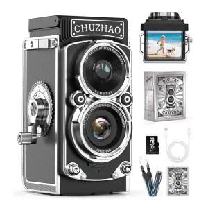 [미국배송] 초보자오 디지털 카메라 레트로 휴대용 TLR 스타일 트윈 렌즈 빈티지 카메라 12MP 오토포커스 1080P FHD 포인트 및 샷 포켓 브이로그 레트로 디지털 카메라 초보자를 위한 16GB 카드 포함