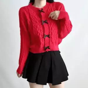 여성 니트 리본단추 케이블 러블리룩 가디건