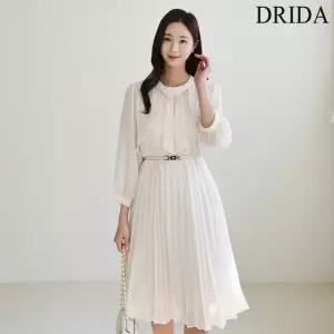 드리다 여성 봄 네크리스 리본 플리츠 플레어 빅사이즈 쉬폰 원피스 40-50대 하객 상견례 모임 오피스룩