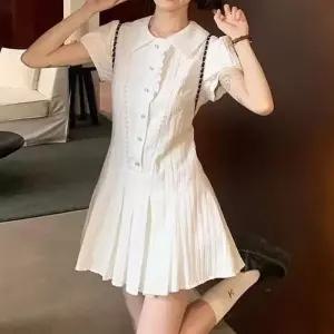 여성 플리츠 바지포함 카라넥 반팔 미니 원피스_4