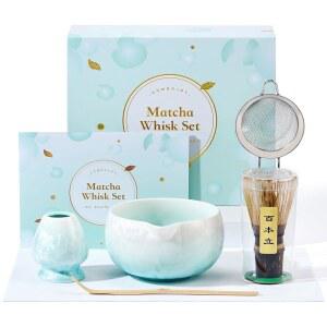 콤보조이 말차 거품기 세트, 크리스탈 글레이즈 볼, 퍼플 대나무 거품기, 스쿱, 체 및 티 타월 u2013 여성 엄마를 위한 선물, 크리스마스, 생일을 차 선물