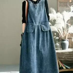 [애슬릿] 데님 롱 원피스 민소매 나시 라운드 청 빅사이즈