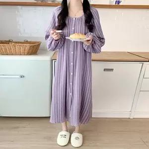 [유야]여성 퍼플 스트라이프 단추 긴팔 원피스잠옷 SHO0052 봄 가을
