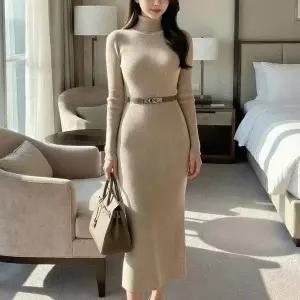 [하프클럽/]여자 폴라넥 데일리 스웨터 슬림핏 롱 원피스