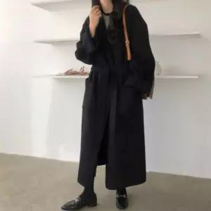 여성 겨울 모직 오버핏 투카라 허리 스트랩 롱코트 자켓