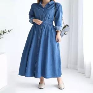 셔츠카라 원포켓 뒷밴딩 데님 롱 원피스_M2602OP012A